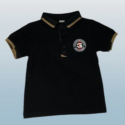 Black polo shirt with a logo.