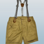 Beige shorts with suspenders.