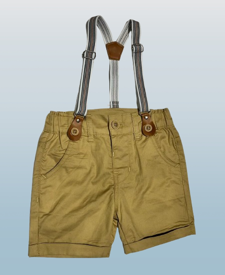 Beige shorts with suspenders.