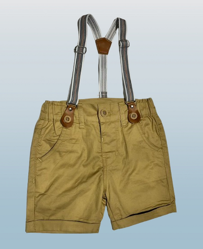 Beige shorts with suspenders.