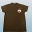 Brown t-shirt with a colorful graphic on a light gray background
