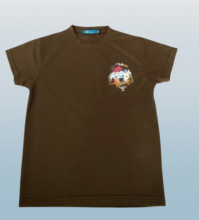 Brown t-shirt with a colorful graphic on a light gray background