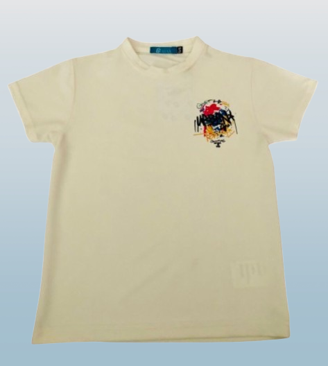 Beige t-shirt with a colorful logo on a light gray background