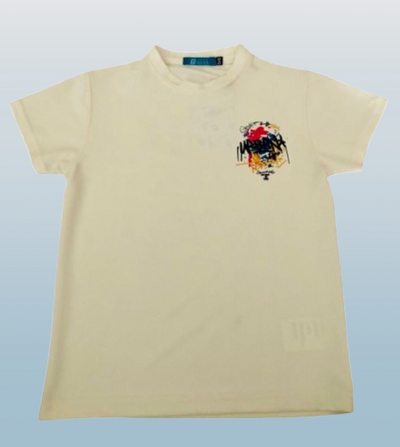 Beige t-shirt with a colorful logo on a light gray background