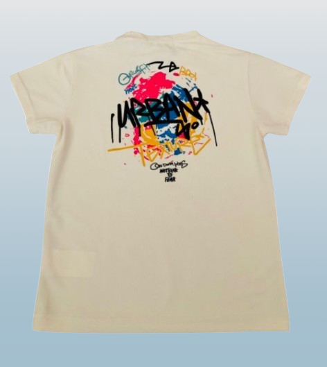 Beige t-shirt with colorful graphic design on a light blue background