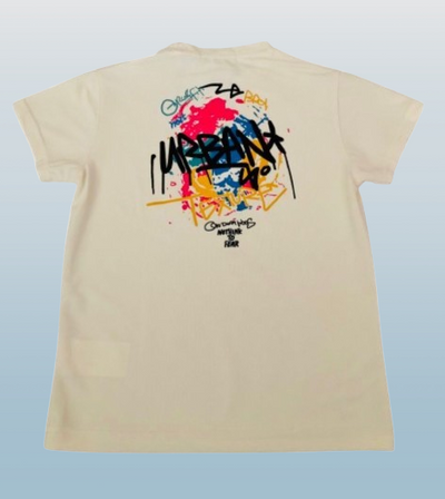 Beige t-shirt with colorful graphic design on a light blue background