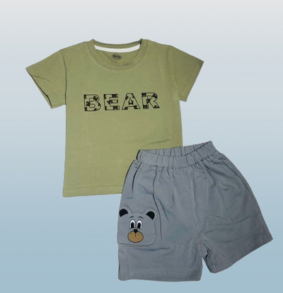 Children's t-shirt with 'BEAR' text and gray shorts with bear face design on a light blue background