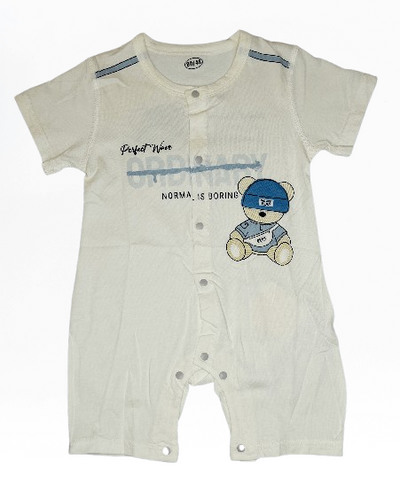Baby romper with teddy bear design and text on a white background