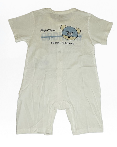 Light gray baby romper with cartoon bear design and text on a white background