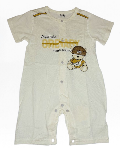Baby romper with teddy bear design and text on a white background