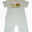 White baby romper with cartoon character and text on a white background