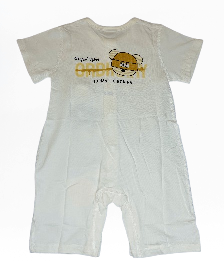 White baby romper with cartoon character and text on a white background