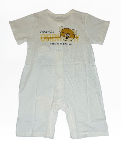 White baby romper with cartoon character and text on a white background