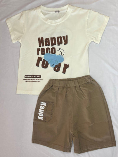 Children's outfit with a beige t-shirt and brown shorts.