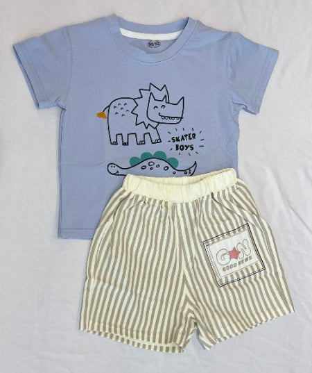Children's outfit with blue t-shirt and striped shorts.