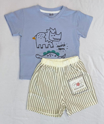 Children's outfit with blue t-shirt and striped shorts.