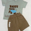 Children's t-shirt and shorts set with 'Happy reco rdy' text on a white background