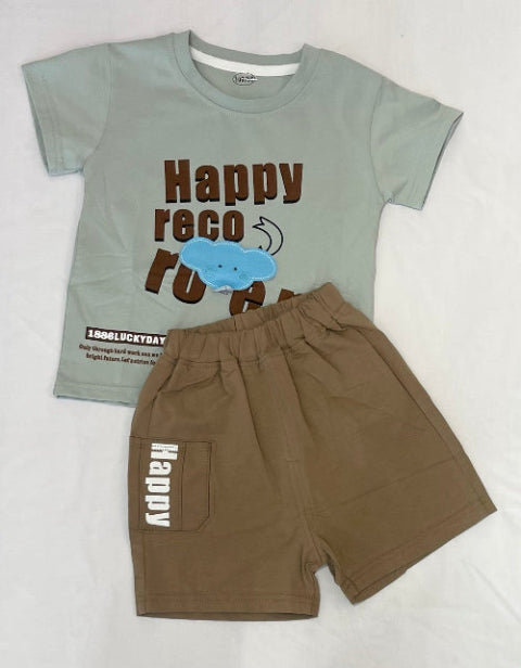 Children's t-shirt and shorts set with 'Happy reco rdy' text on a white background