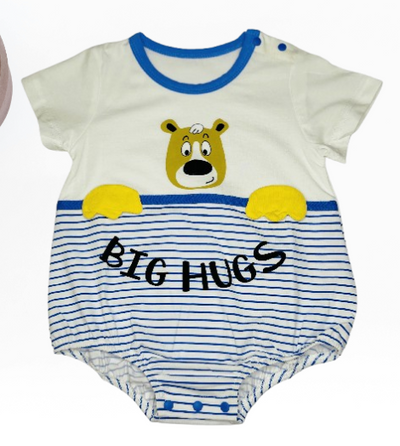 Baby romper with bear design and 'BIG HUGS' text on a white background