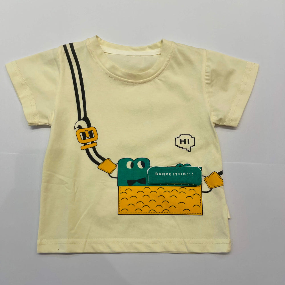 Beige t-shirt with cartoon design on a gray background