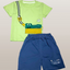 Children's outfit with green t-shirt and blue shorts.
