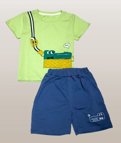Children's outfit with green t-shirt and blue shorts.
