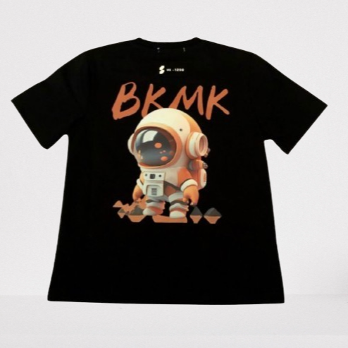 Black t-shirt with an astronaut graphic and 'BKMK' text on a light gray  background