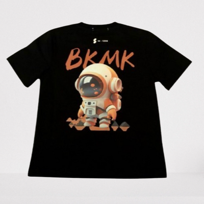 Black t-shirt with an astronaut graphic and 'BKMK' text on a light gray  background