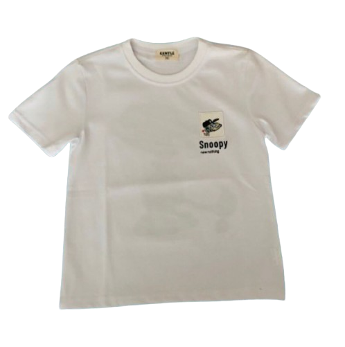 Beige t-shirt with a small logo on the chest against a white background