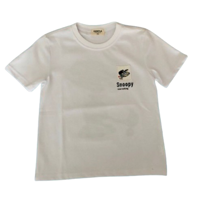 Beige t-shirt with a small logo on the chest against a white background