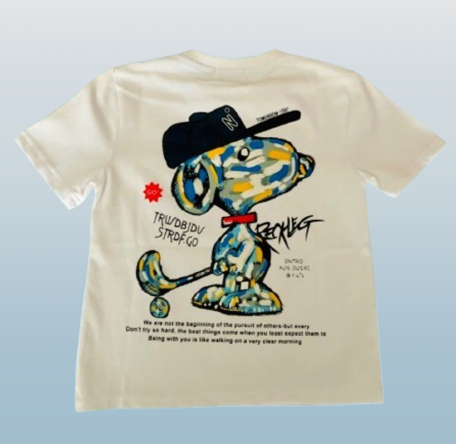Beige t-shirt with a colorful dog graphic and text on a light blue background