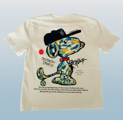 Beige t-shirt with a colorful dog graphic and text on a light blue background