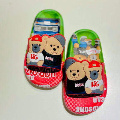 Children's sandals with cartoon bear design on a white background