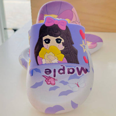 Cartoon character sandal with a purple background and 'Maple' branding.