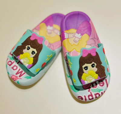 Colorful children's slippers with cartoon character design on a white background