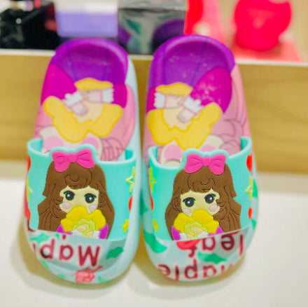 Colorful children's sandals with cartoon character design on a white background