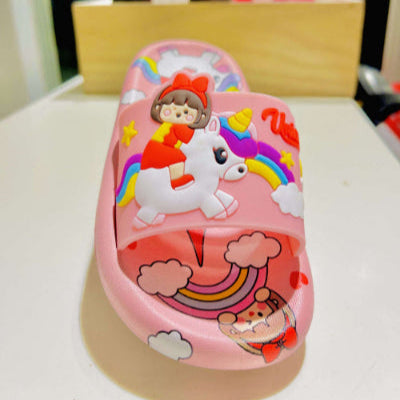 Pink sandal with cartoon character and unicorn design on a blurred background