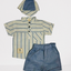 Children's outfit with striped shirt, shorts, and hat on a white background