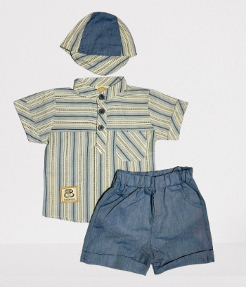 Children's outfit with striped shirt, shorts, and hat on a white background