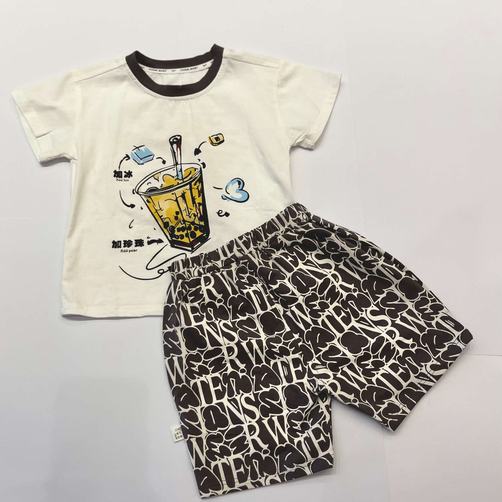 Children's t-shirt and shorts set with graphic design.