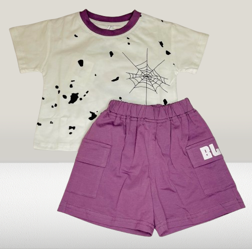 Children's outfit with a t-shirt and purple shorts on a white background