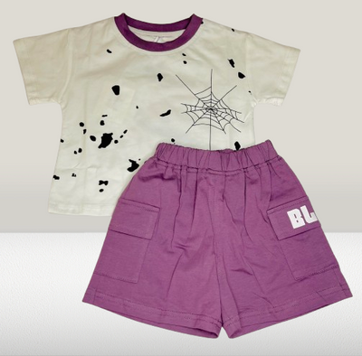 Children's outfit with a t-shirt and purple shorts on a white background