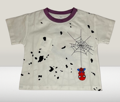 Children's t-shirt with spider-themed design on a plain background