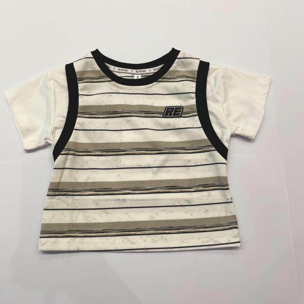 Striped t-shirt with black accents.