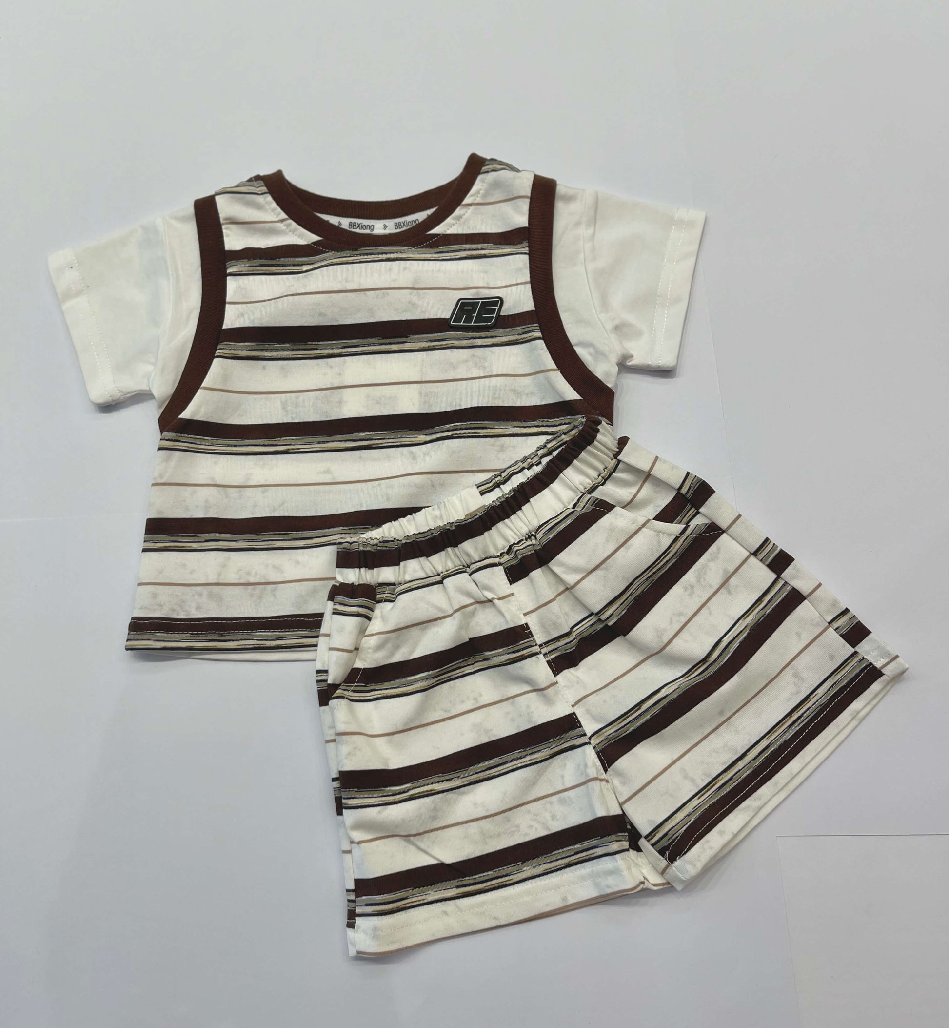 Striped children's outfit with shirt and shorts set.