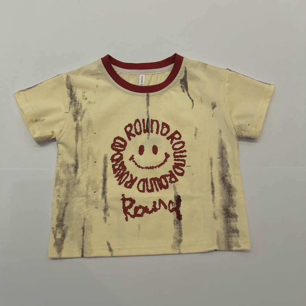 Beige t-shirt with red distressed design.