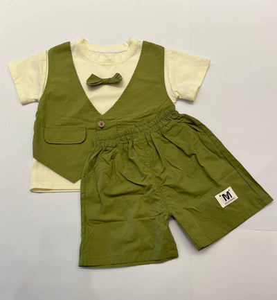 Children's green outfit with vest, shorts, and bow tie.