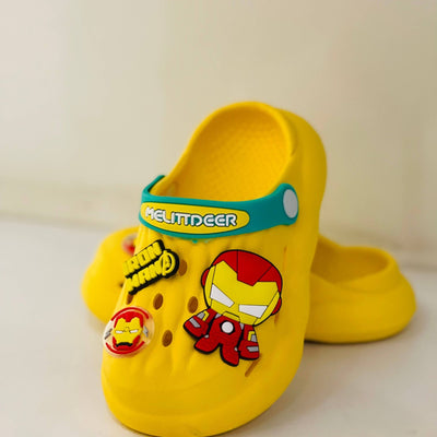 Yellow clog shoe with Iron Man character design on a light background