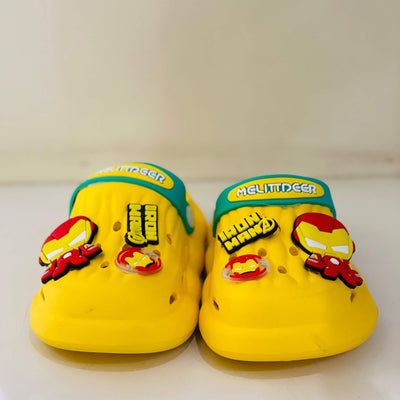 Yellow clog shoe with Iron Man character design on a light background