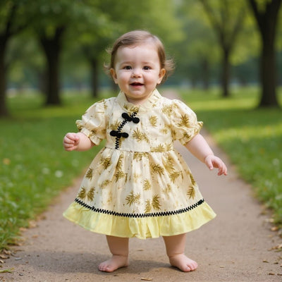 Child in a yellow dress with floral patterns standing on a path in a park.